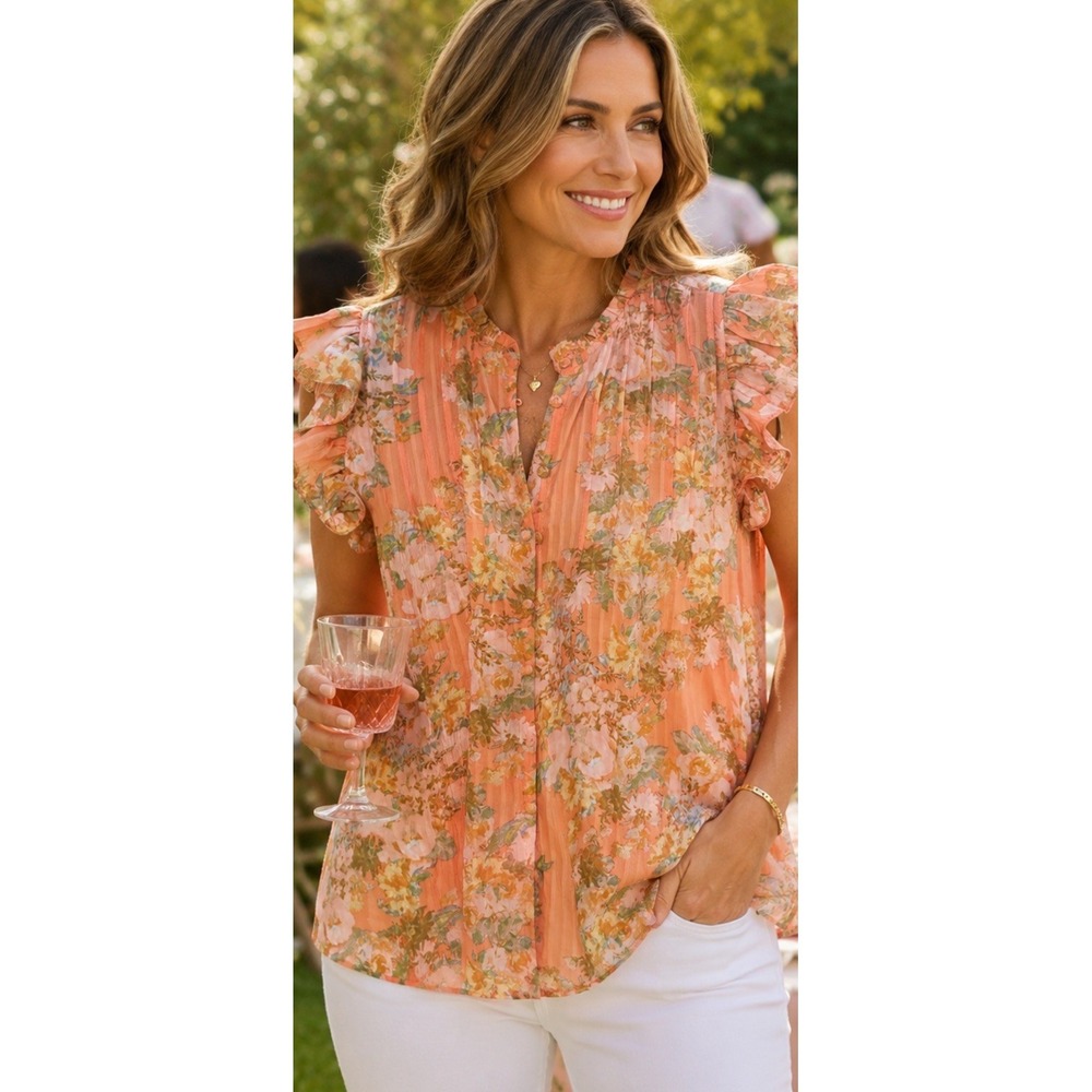 Rose & Olive‎ Large  Ruffled Floral Blouse Flutter Sleeves Pastel Summer Travel